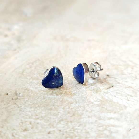 Heart-Shaped Blue Stone And Silver Stud Earrings - Picture 1 of 4